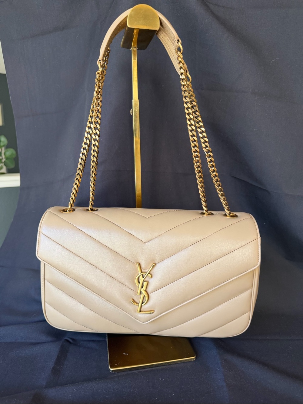 Designer Inspired Quilted Chevron Shoulder Bag in Beige with Gold Hardware